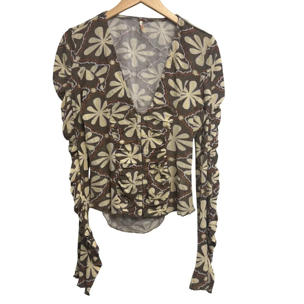 Free People Top Medium Floral Print‎ Mesh Top Bell Sleeves BOHO hippie